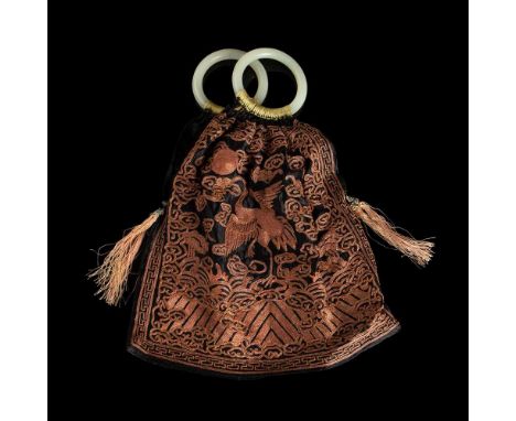 EMBROIDERY PURSE WITH JADE BANGLE HANDLE QING DYNASTY, 19TH CENTURY the silk bag constructed with two rank badges depicting s