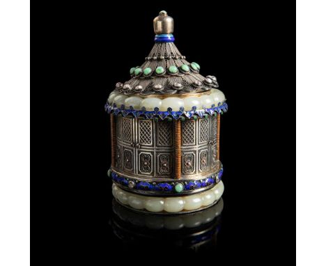 JADE BANGLES INSET SILVER FILIGREE CANISTER WITH COVER 20TH CENTURY the canister in the form of 'Temple of Heven', the cylind