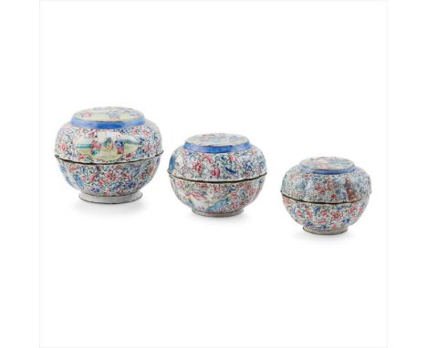 NEST OF THREE PAINTED ENAMEL BOXES QING DYNASTY, 19TH CENTURY each of compressed melon-shape, the body enamelled with landsca