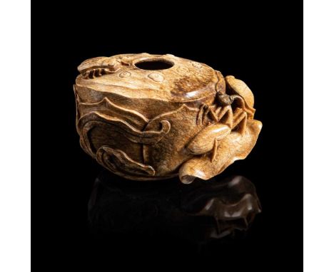CHICKEN BONE' JADE BRUSH WASHER MING DYNASTY carved in round in the form of a large lotus pod, supported by leafy stems, deco