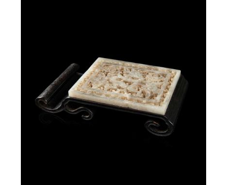 WHITE JADE BELT PLAQUE INSET WOODEN INK REST QING DYNASTY, 19TH CENTURY the ink rest supported on two scrolling feet with one