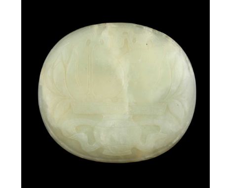 WHITE JADE PLAQUE of oval form, the convex side carved in relief with a vase containing a pair of oversized peaches, the back