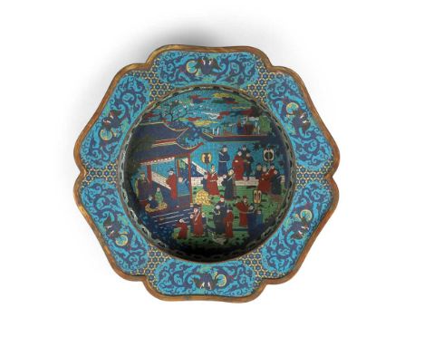 CLOISONNÉ ENAMEL BASIN KANGXI MARK BUT 19TH-20TH CENTURY heavily cast, of cylindrical form with flared foliated rim, decorate