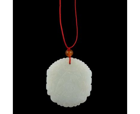 PALE CELADON JADE PLAQUE carved to one side with a pair of bats flying in a bamboo groove, the reverse with pavilions amongst