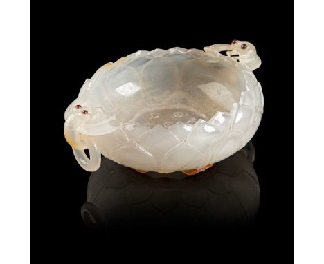 GLASS 'LOTUS' BRUSH POT YONGZHENG MARK carved in the form of a blossoming lotus flower, the exterior carved with layers of lo