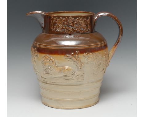 A 19th century Brampton brown salt glazed pottery jug, in relief with busts of Prince Albert and Queen Victoria, lions and tr