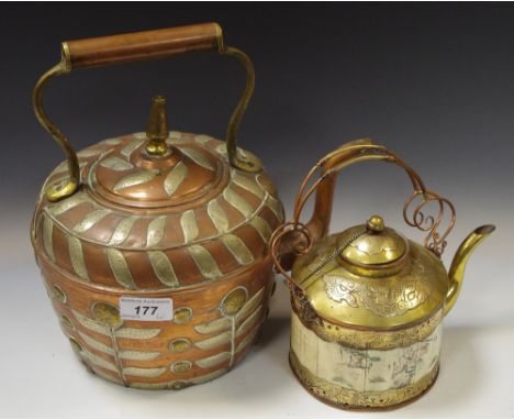 A Moroccan copper teapot,inlaid overall with leaves; another Cambodian, bone and brass (2)