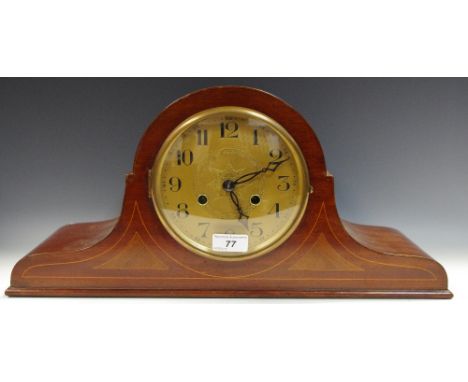 An early 20th century mahogany Napoleon hat mantel clock, gilded dial, German movement, satinwood inlaid beading throughout 