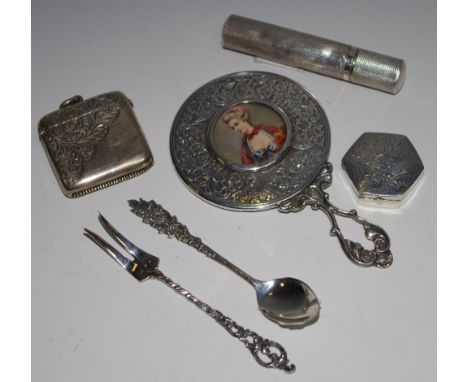 Theodor Olsens Eftf: - a Norwegian pickle fork;  a Canadian coffee spoon;  a silver pill box;  a silver vesta case;  a small 