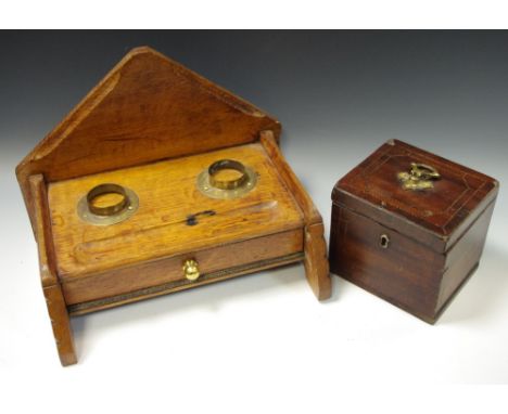 An oak standish; a George III caddy, barber pole stringing