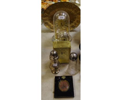 An Anniversary clock; another; a brass carriage clock; a silver plated sugar sifter;  etc;  A Victorian gilt plated shaped ov