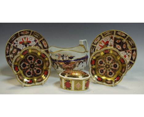 A Royal Crown Derby 1128 pattern oval trinket box and cover;  two similar petal shaped dishes;  two 2451 pattern saucers;  a 