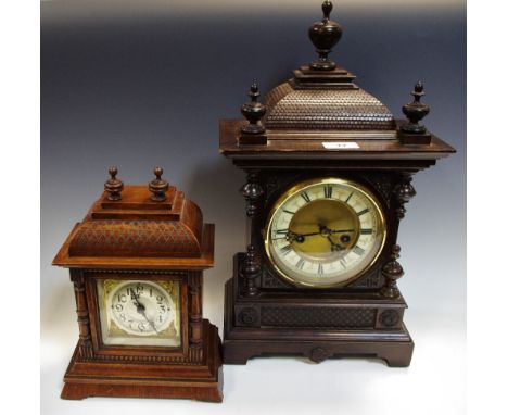 An early 20th century mahogany 17 day mantel clock, porcelain dial, by H.A.C, Wurtten, with key and pendulum; another smaller