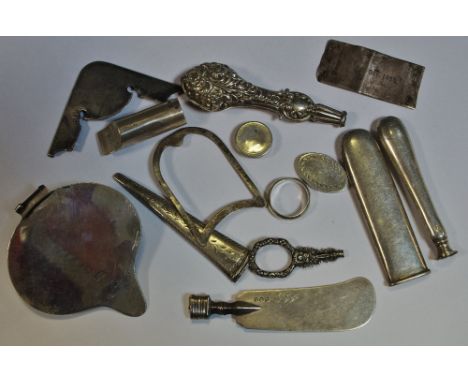 A Victorian embossed silver button hook handle; silver ring; interesting fragments; etc qty