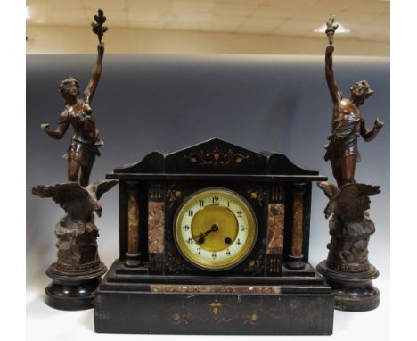 A 19th century belge noir mantel clock, rouge marble inlaid c.1880; Early 20th century French spelter garnitures surmounted o