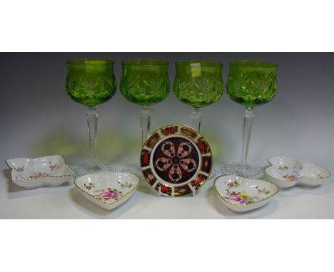 Glass and ceramics - Royal Crown Derby Posie and 1128 trinket dishes; green overlay hock glasses