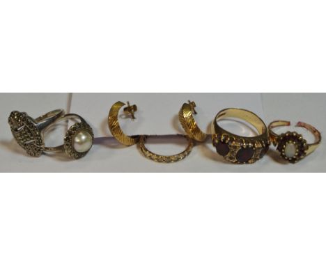 A 9ct gold and garnet ring, marcasite ring,others gold, etc