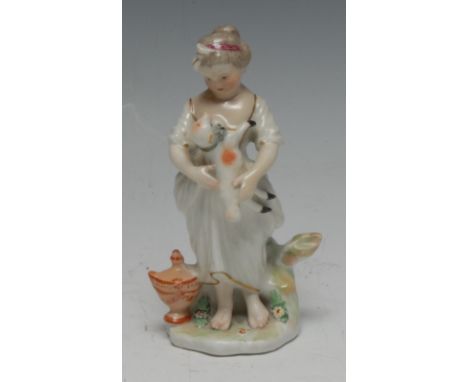 A Derby Patch Mark figure, of a shepherdess, she stands bare footed holding a lamb, an urn by her feet, 12.5cm high, c.1770