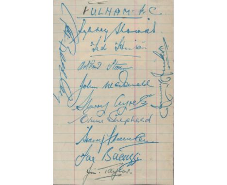 Fulham FC Vintage Autograph Album Page Signed by 11, Circa 1950s. Signatures include Jim Taylor, Arthur Stevens, Harry Ayres 