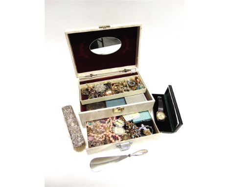 A COLLECTION OF ASSORTED COSTUME JEWELLERY housed in a jewellery box; a silver backed brush; a silver handled shoe horn; and 