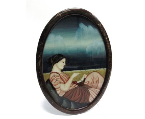 CONTINENTAL SCHOOL (19TH CENTURY)  A reverse glass portrait of a seated lady, gouache on glass, 36cm x 24.5cm.