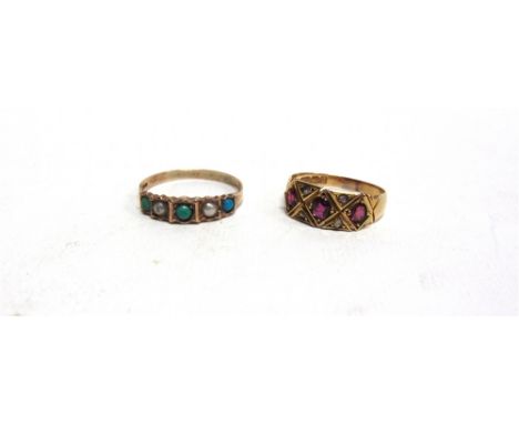 A VICTORIAN THREE STONE RUBY AND ROSE CUT DIAMOND 15 CARAT GOLD RING Birmingham 1894, finger size O, 2.6g gross; with a Victo