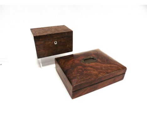 A BURR OAK TWIN DIVISION TEA CADDY  20.5cm wide, 13cm deep and 13cm high, a walnut box with fitted interior 29cm wide 23cm de