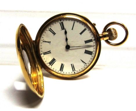 ANONYMOUS, A HALF HUNTER FOB WATCH stamped 18K to case and cuvette, white enamel dial, black Roman numerals and hands, the fo