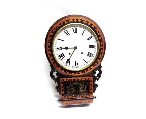 AN AMERICAN 'ENGLISH REGULATOR' DROP DIAL WALL CLOCK  with marquetry decoration and 8 day movement, the 12' dial with Roman n
