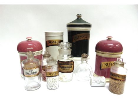 ASSORTED APOTHECARY'S JARS & CHEMIST'S SHOP ROUNDS  the largest marked 'Isinglass', 27cm high; together with a baby's feeding
