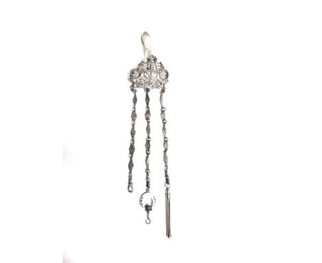 A SILVER CHATELAINE by Levi and Salaman, Birmingham 1900, with three suspensions, propelling pencil and a glove button lock a