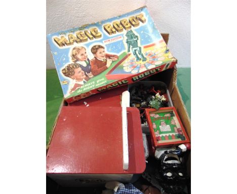 ASSORTED TOYS comprising a Merit 'Magic Robot' game, boxed; Journet 'Pigybak' dexterity puzzle; toy garage; lead animals and 