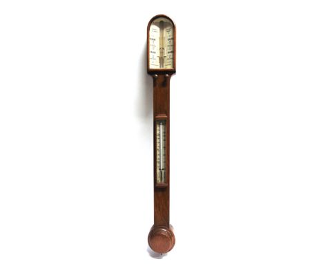 AN EDWARDIAN OAK STICK BAROMETER  by Negretti & Zambra London, the ivorine dial with two adjustable registers '10AM YESTERDAY