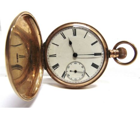 ANONYMOUS, A 9 CARAT GOLD HUNTER MECHANICAL POCKETWATCH  white enamel dial with black Roman numerals, hands and sunken subsid