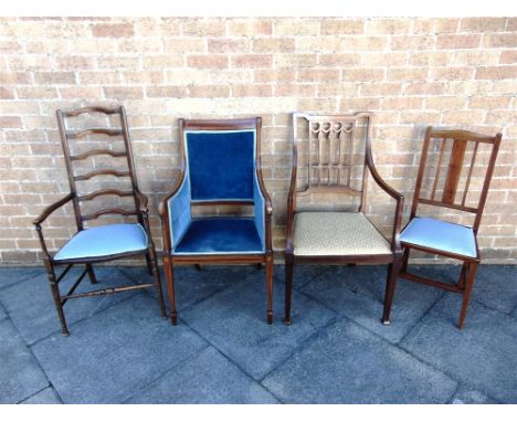 TWO EDWARDIAN INLAID ELBOW CHAIRS and a similar ladder back chair and bedroom chair (4)