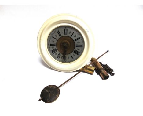 A POSTMAN'S ALARM WALL CLOCK with painted frame, movement striking on a bell, 27.5cm diameter