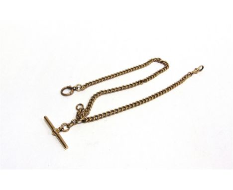 AN 18 CARAT GOLD WATCH CHAIN of solid uniform curb links, with a T bar swivel and bolt ring, 45.5cm long, 54g gross