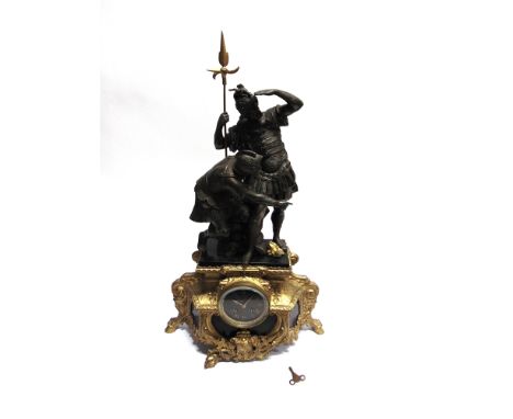 A LARGE GILT METAL AND SPELTER FIGURAL CLOCK  with 8 day movement, 44cm wide 16cm deep 73.5cm high