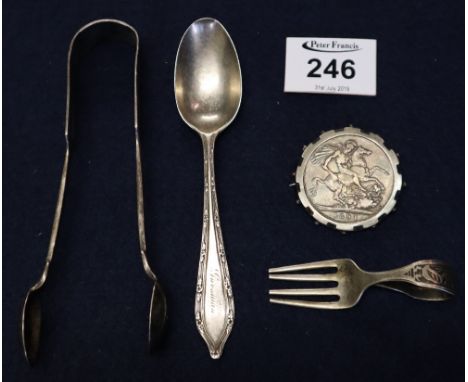 Single silver teaspoon, London hallmarks. Together with silver sugar nips, a silver crown dated 1891 and a travelling fork. (