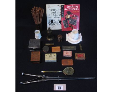 Collection of vintage smoking and tobacco accessories to include: two brass tobacco lighters; one marked E.D Rayne ladies tai