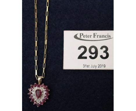 9ct gold diamond and ruby heart pendant on a 9ct gold chain. Total weight 4.4g approx. (B.P. 24% incl. VAT)