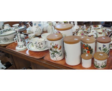 Three trays of Portmeirion pottery Botanic Garden items to include; utensil jars, candlestick cups, pedestal bowl, vases etc.