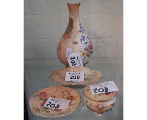 Four Royal Worcester blush ivory porcelain items to include; pin dish 1347, baluster vase by Locke & Co Worcester, miniature 