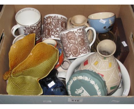 Box of assorted china to include; three fine bone china Crown Staffordshire silver jubilee mugs, Wedgwood trinket box and cov