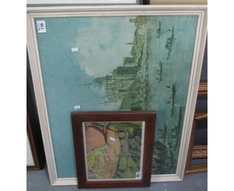 Framed furnishing print after Canaletto and a watercolour study of a cottage garden. (2)(B.P. 24% incl. VAT)