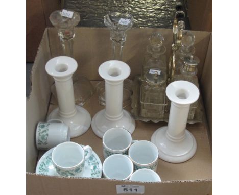Box of assorted items to include: glass and ceramic candlesticks, four piece cruet set etc. (B.P. 24% incl. VAT)