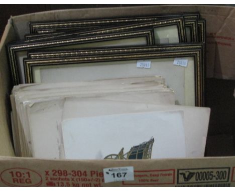 Box of assorted furnishing and coloured carriage prints in Hogarth frames. (B.P. 24% incl. VAT)