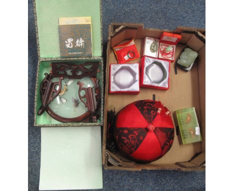A mixed lot of modern Chinese items to include; two coloured hardstone bracelets, one hardstone ring, two hardstone pendants,