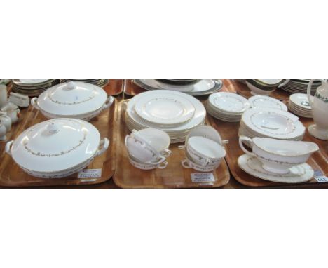 Three trays of Royal Worcester fine bone china 'Gold Chantilly' dinnerware items to include; lidded tureens, two handled bowl