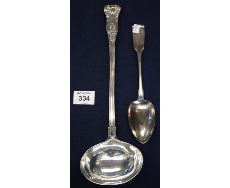 Large 19th Century silver ladle, London hallmarks, together with another silver spoon, rubbed hallmarks. 12 troy ozs approx. 